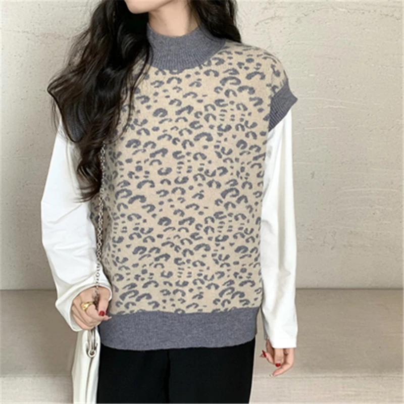 

Women Leopard Print Waistcoat Winter Retro Half High Collar Loose Knitted Sweater Sleeveless For Female Fashion Casual Vests Top
