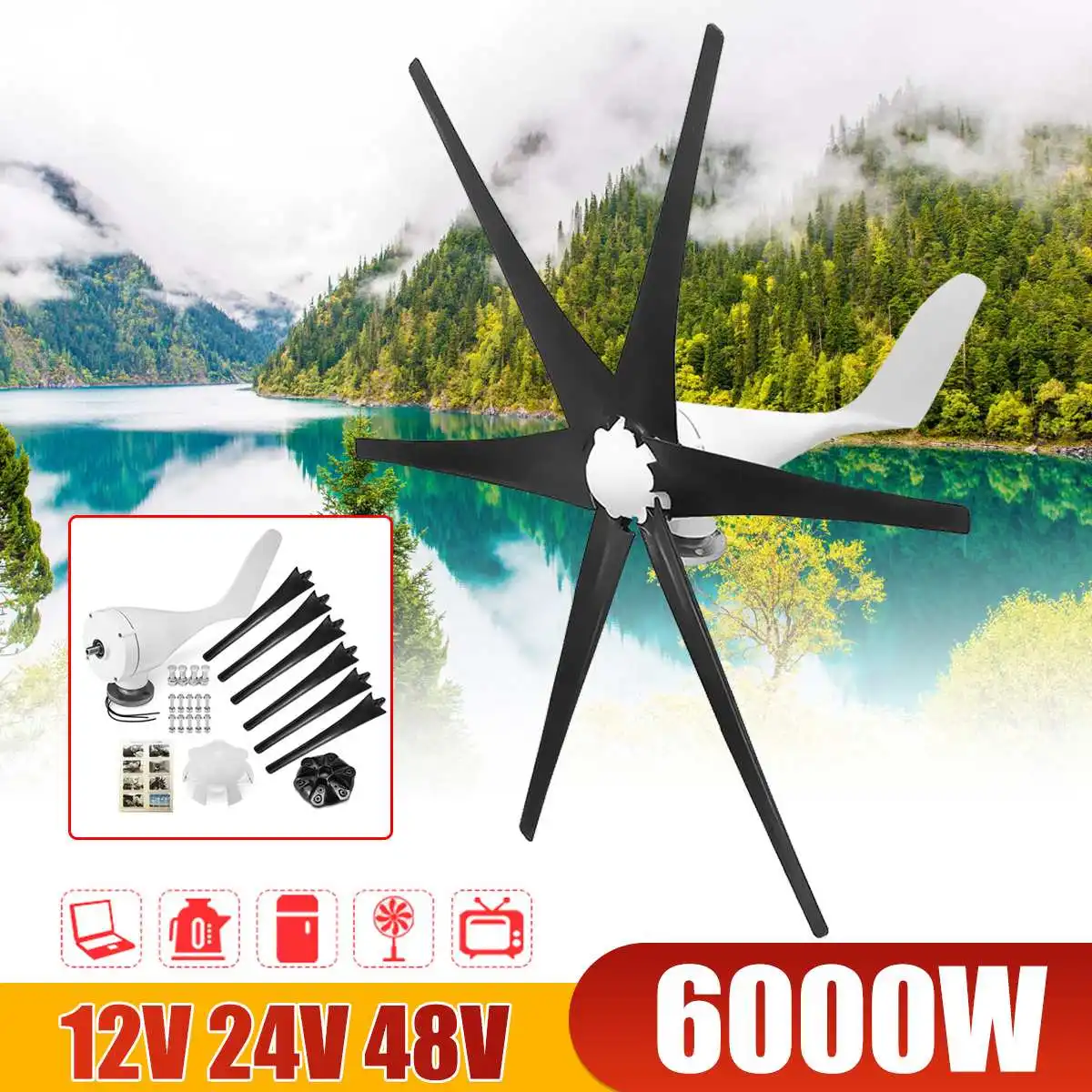 

Efficient 6000W 12V/24V/48V Black 6 Blades Wind Turbine Generator Horizontal Power Windmill Energy Turbine Charge Fit for Home
