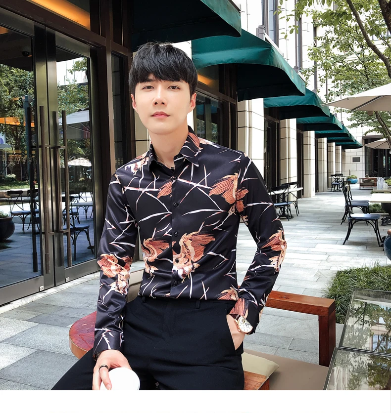 2019 с цветочным принтом рубашка Для мужчин Slim Fit повседневные рубашки с длинными рукавами Для мужчин s, для ночного клуба, уличная мода
