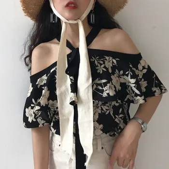 

blouse women Chiffon Neck Collar Halter Strapless Shoulder Floral printed Leisure Travel Top blusas mujer de moda 2020 платье