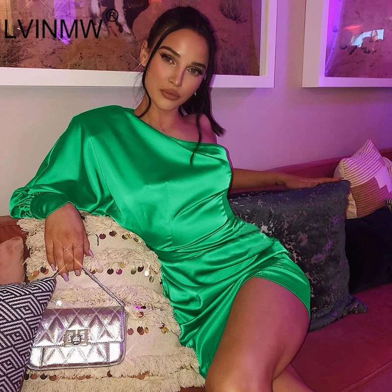 Женское атласное платье LVINMW Зеленое Шелковое мини на одно плечо с длинным