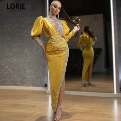 LORIE CRYSTAL Beads Yellow Satin Evening Dresses Dubai Arabic Abiye Formal Prom Party Gowns With Split 2021 Celebrity Dresses