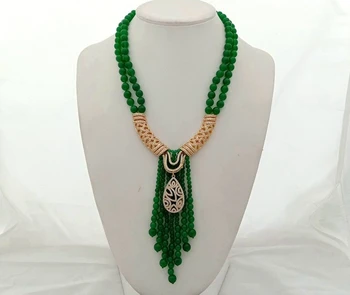 

20'' 2 Strands Green Stone Statement Necklace CZ Pave Pendant