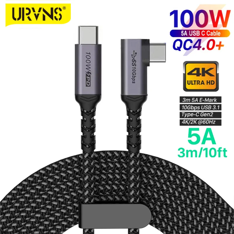 URVNS TYPE-C to C Cable USB C 5A E-MARK PD 100W USB 3.1 Gen2 10Gbps 4K 60Hz Video Nylon Weaving Alloy Power Cord 3 Meter