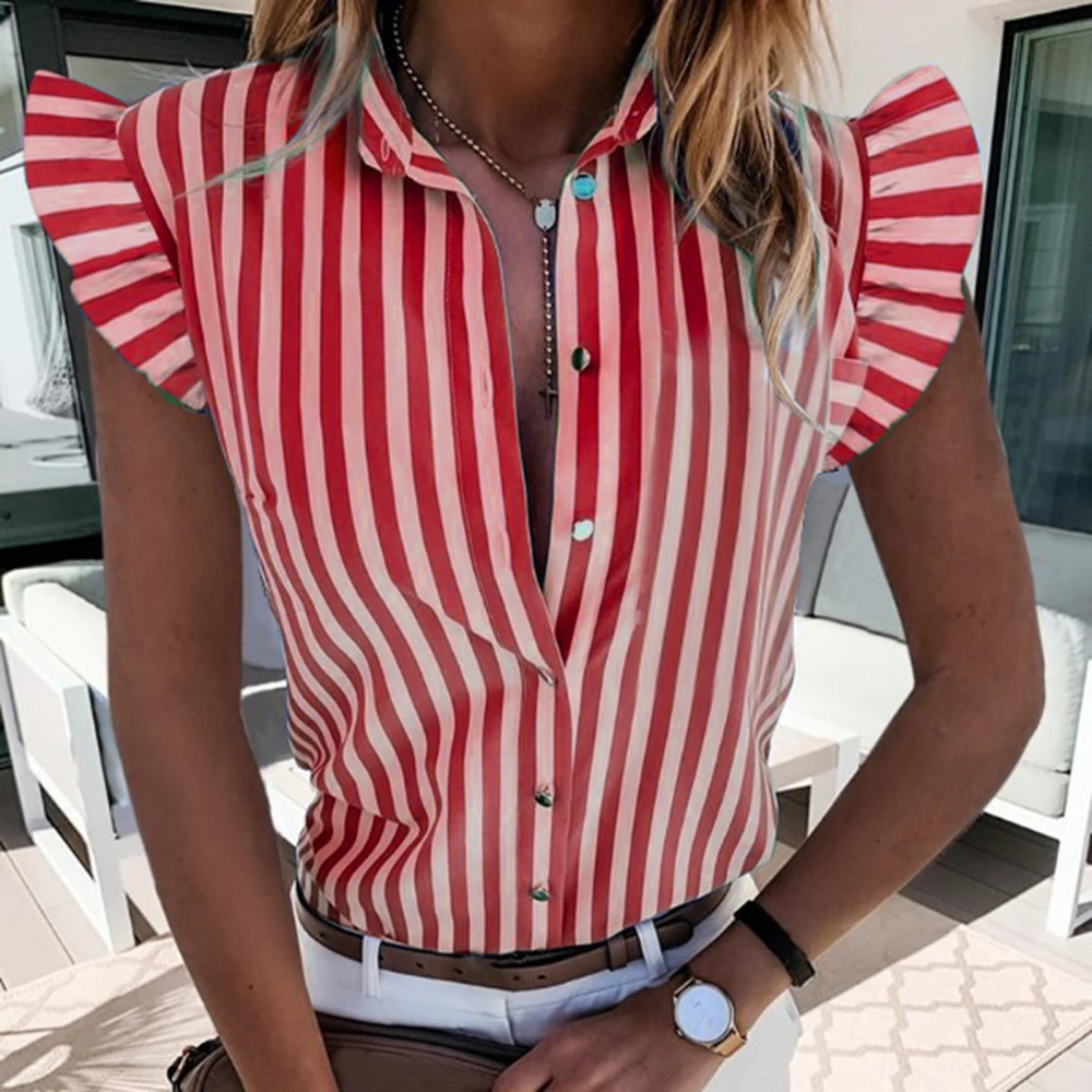 

V Neck Ruffle Blouse Shirt Fashion Office Lady Tops Print Striped 2020 Summer Butterfly Sleeve Casual Women