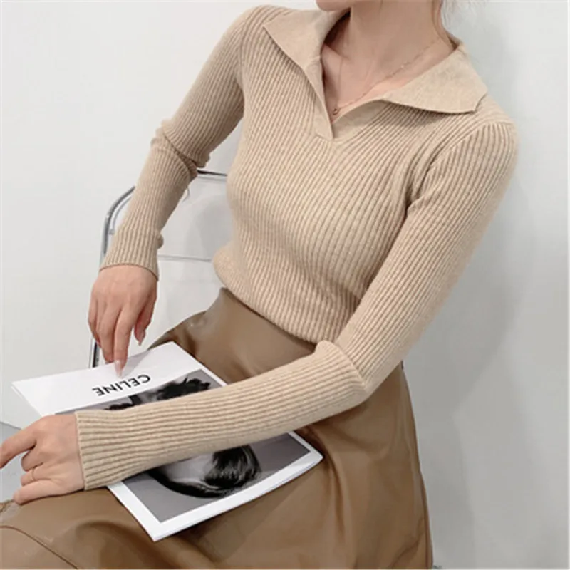 Dámská slim-fit klopa s dlouhým rukávem svetr podzim a zima pletené zboží ležérní móda pulovr