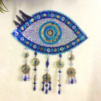 

Blue Evil Eye Evil Eye Sequined Iron on Patches for Clothes Large Feather Sequins Patch Stickers Sewing DIY Parts