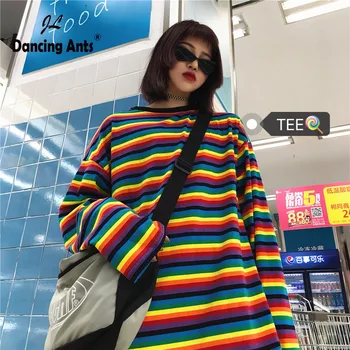 

Rainbow Woman T-shirt ropa mujer Women striped Print Long T Shirt O-neck Tops fashion Long Sleeve t-shirts Women clothes