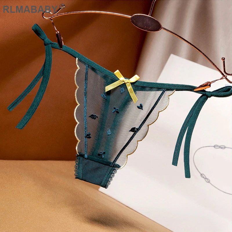 

Sexy Transparent Embroidery Mesh Thong Bandage Bow Strap Women Fashion Underwear Panties Briefs Hot Gilr Love G-String Pants