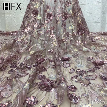 

HFX Golden pink Shining Sequence Lace Fabric French Laces Fabrics High Quality Tulle French Nigerian Lace Applique Dress H2847