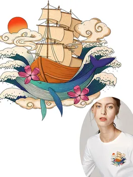 

Japanese Sea Boat Whale Iron On Transfers For Clothing Thermo Stickers Heat Transfer Diy Sticker Applique On Clothes Accessories