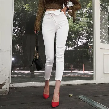 

2019 Korean version of the new fashion diagonal buckle high waist tight cut pants jeans