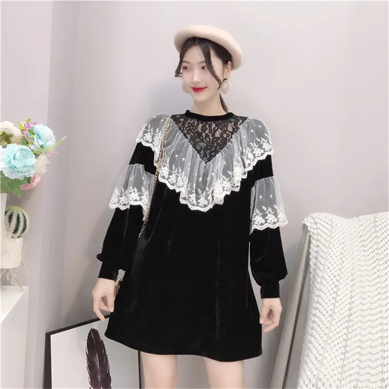 Велюровое платье с круглым вырезом свободное милое кружевное Плиссированное