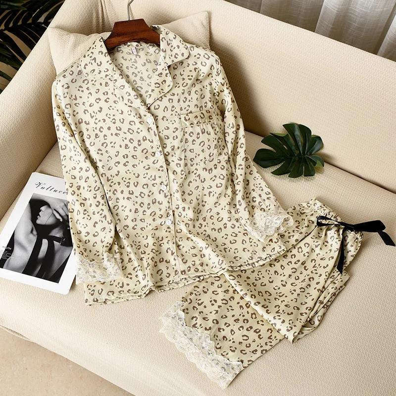 Women Pajamas Set Women Pajama Suit Lisacmvpnel Leopard Print Women Pajama Set Ice Silk Soft Touch Long Sleeve Suit Pyjamas