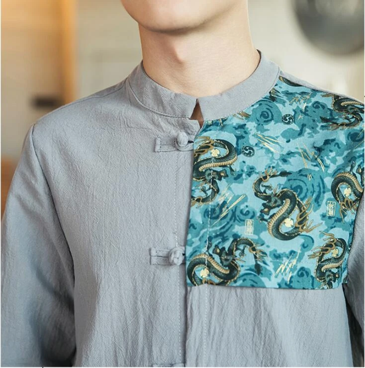 0536 Summer Cotton Linen Shirt For Men Patchwork Stand Collar Casual Vintage Short Sleeve Shirt Loose High Quality Fashion 5XL