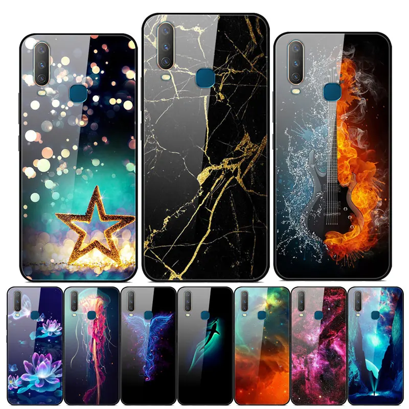 

For Vivo Y17 Case Hard Tempered Glass Printed Back Case For Vivo Y17 Y15 Y12 Y 17 15 12 Cover TPU Bumper VivoY17 Phone Cases