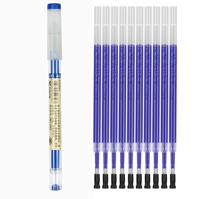 11Pcs/Lot 0.35mm Ultra Fine Finance Gel Pen Black/Blue/Red ink Refills Rods Gelpen For School Office Exam Supplies Stationery 1 pen-10 Refill-Blue