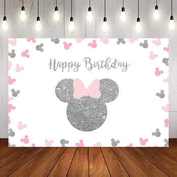 

Happy birthday sliver glitter minnie mouse head cartoon theme party pink girlds photo background studio custom vinyl floor drop