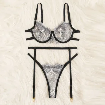 

3PCs Women Lingerie Sets Flower Bra Thongs Garters Bandage Underwear Set кружевные трусики ensemble sous vetement femme תחתונה H