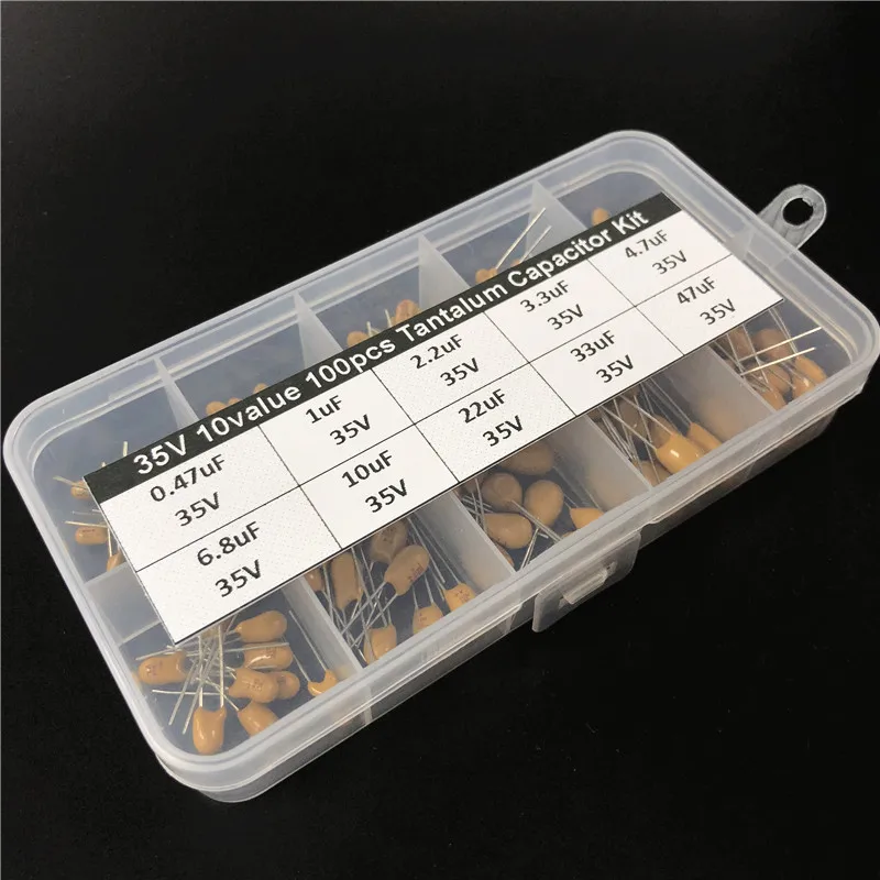 Koop 10 Waarden 100 Pcs 35V 0.47 Uf 1 Uf 2.2 Uf 3.3 Uf 4.7 Uf 6.8 Uf 10 Uf 22 Uf 33 Uf 47 Uf Tantaal Condensator Diverse Kit Met Opbergdoos