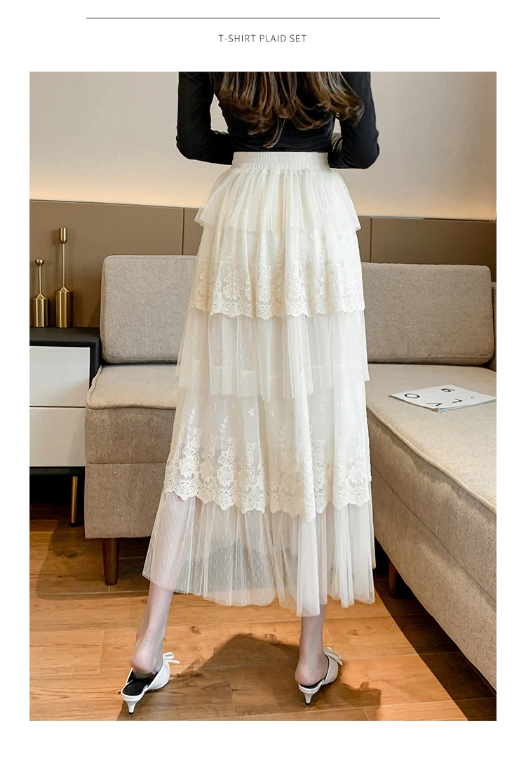 Elegant High Waist Black  Lace Tulle Women Skirt