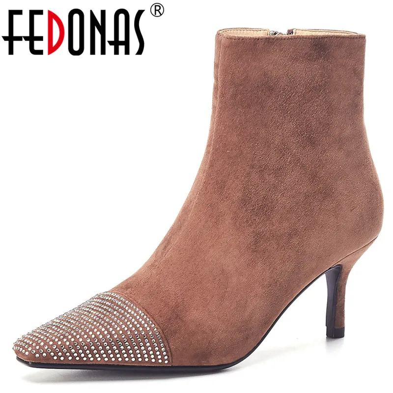 

FEDONAS Rhinestone Square Toe Women Zipper Ankle Boots Comfortable Thin Heels Party Dancing Shoes Woman Kid Suede Chelsea Boots