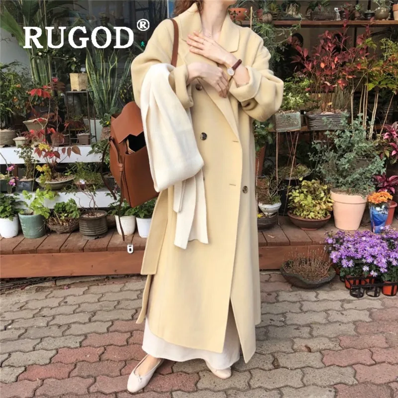 RUGOD осень зима стиль шикарное двубортное шерстяное пальто женское одноцветное элегантное Kpop одежда мода