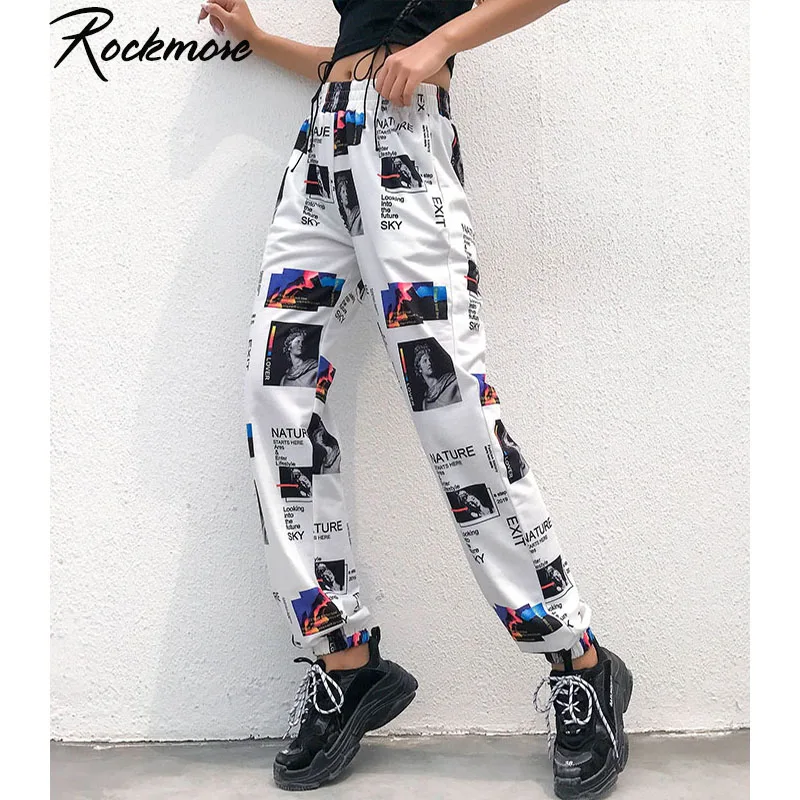 Rockmore фотографии печати широкие брюки для женщин негабаритных Высокая талия брюки дамы танец джоггеры уличная Harajuku тренировочные брюки