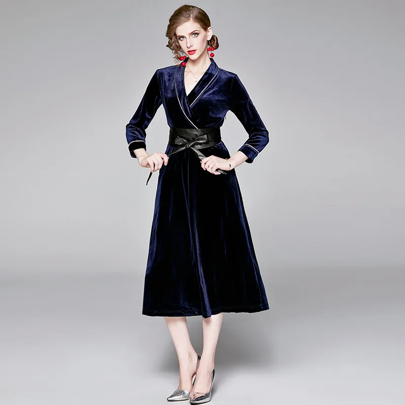 

Photo Shoot Europe And America WOMEN'S Dress 2019 New Products Velvet Diamond Set Dress with Belt