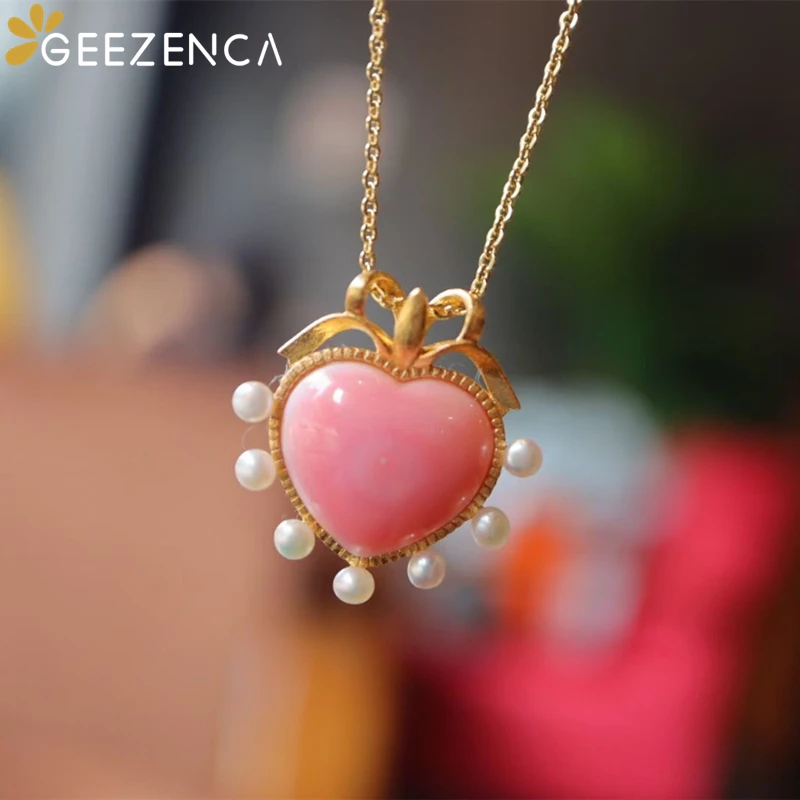 GEEZENCA S925 позолоченная Подвеска из натурального красного коралла для женщин в