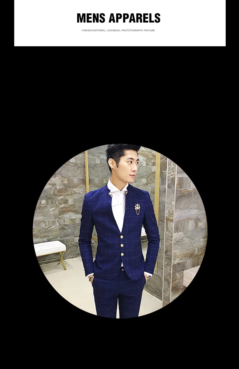 Fashion Business Plaid Suits Men 2 Piece Set Asian Size XXXL Slim Fit Men Dress Suit New Popular Stand Collar Men Wedding Suits