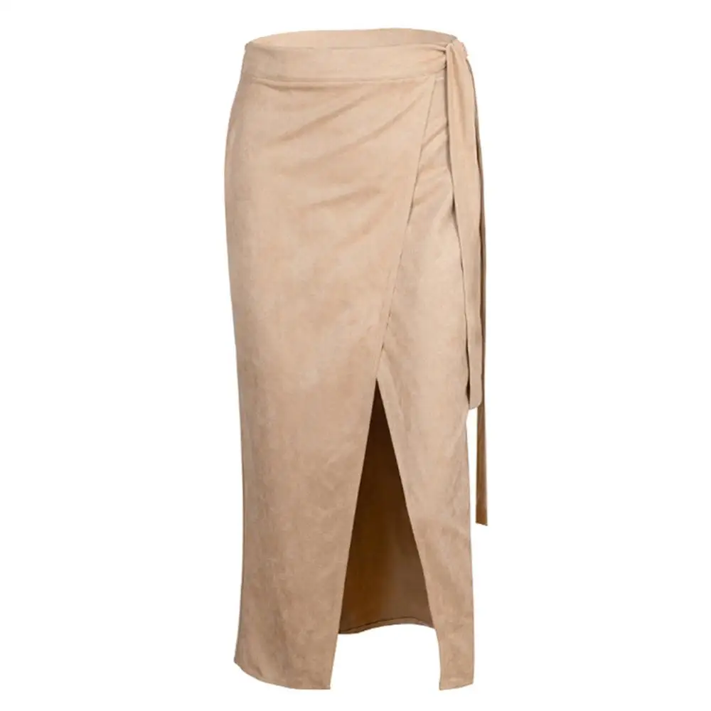 Модные женские зимние осенние плотные однотонные разрез до талии длинная юбка с запахом - Цвет: Khaki M