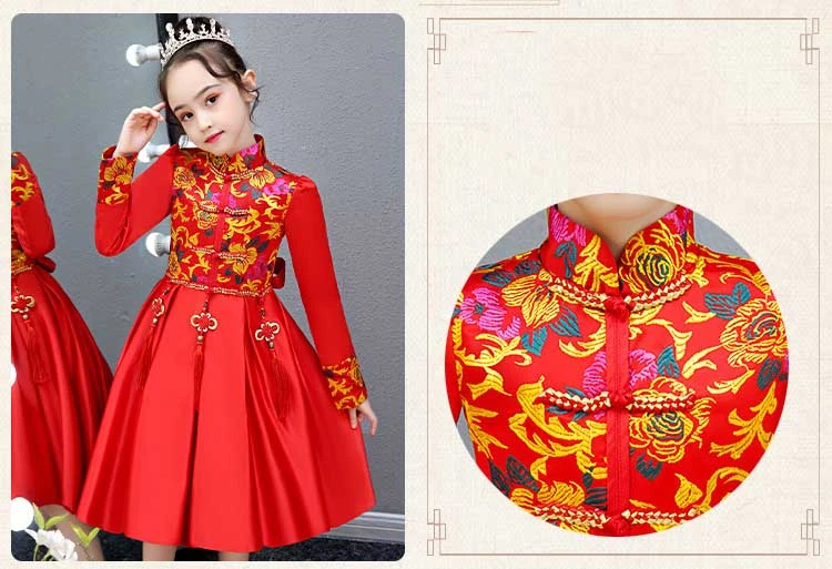 Детское платье принцессы Cheongsam красного атласа с длинными рукавами Qipao; праздничные платья для девочек с цветочным узором; Китайский новогодний костюм; традиционный Qi Pao
