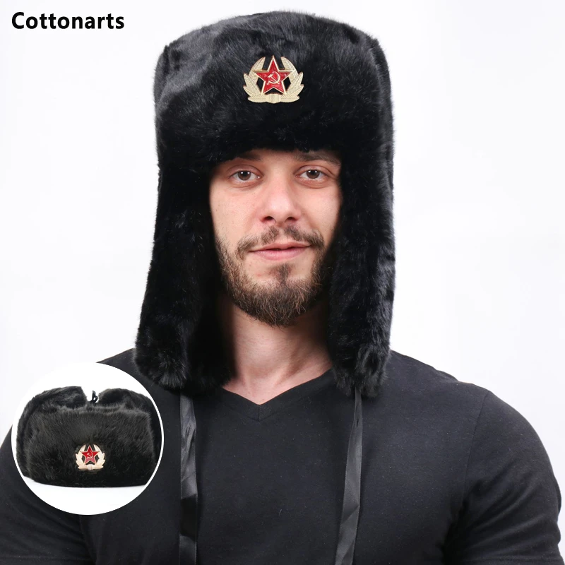 Winter Hat Soviet Army Military Badge Russia Ushanka Bomber Hats Pilot Trapper Warm Fluffy Hat Faux Rabbit Fur Earflap Snow Caps brown leather bomber hat