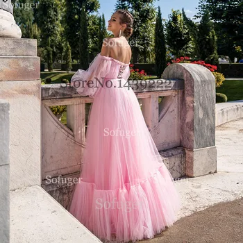 

Pink Tulle Tiered Evening Dresses Boat Neck Sleeves Dubai Saudi Arabic Special Occasion Evening Formal Prom Wedding Party Gown