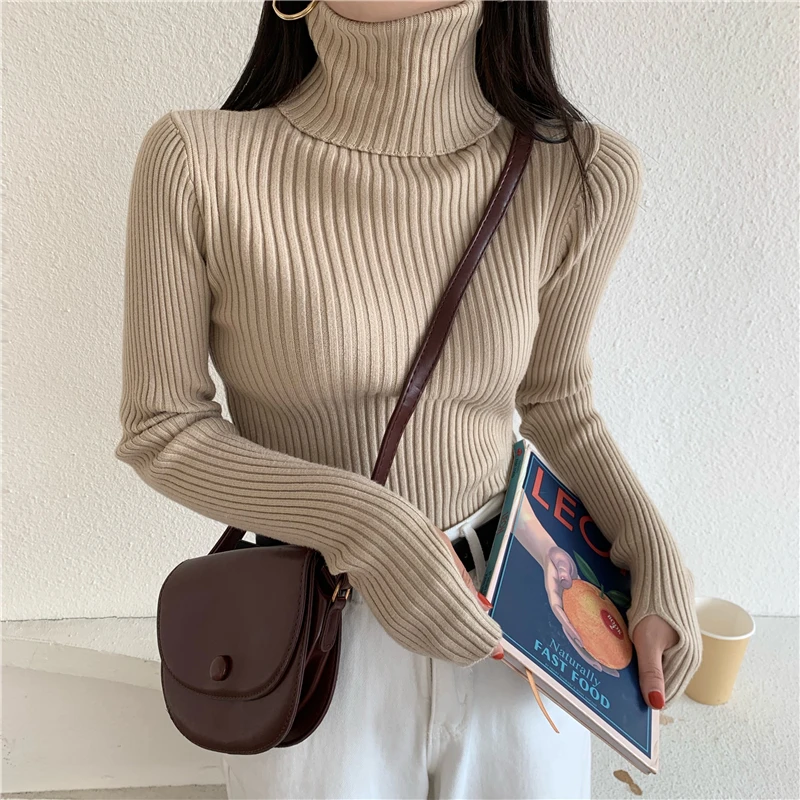 PULL,Pull tricoté à col roulé pour femmes, Pull basique, côtelé, fin, élastique avec trou au