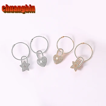 

Genuine s925 sterling silver jewelry asymmetric Eardrop zircon female Love lock pentagram earrings short tassel fashion jewelry