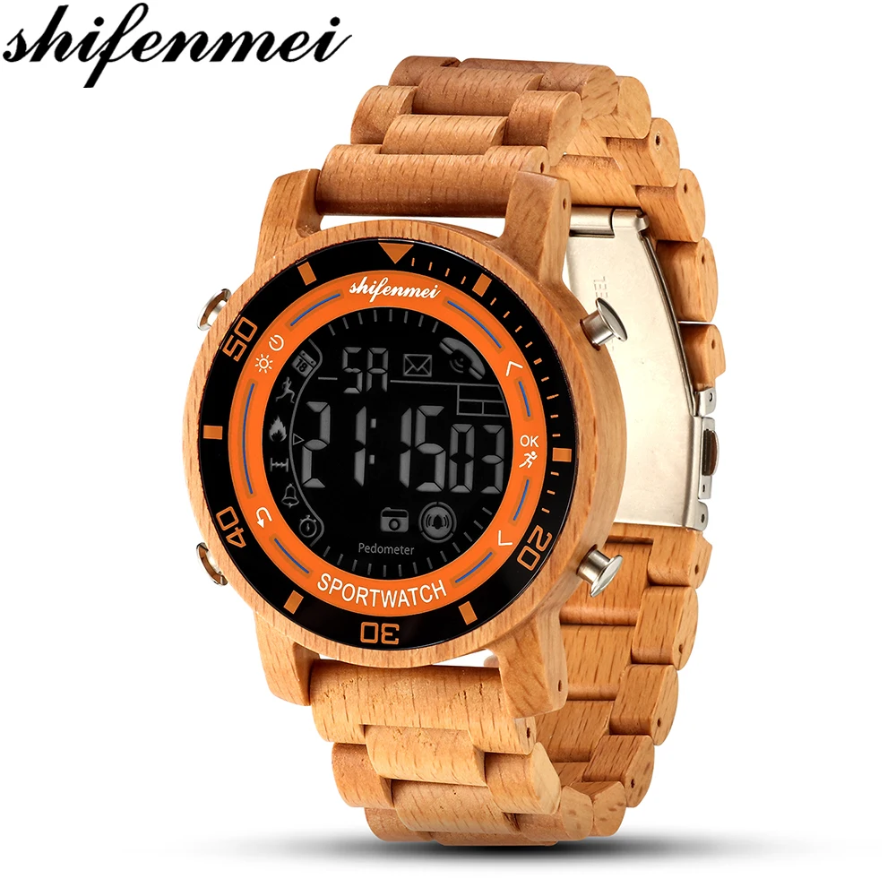 

Shifenmei Bluetooth Smart Watch Men Outdoor Multifunction in Sports Clock Wooden Digital Watches Wood Military Wristwatches