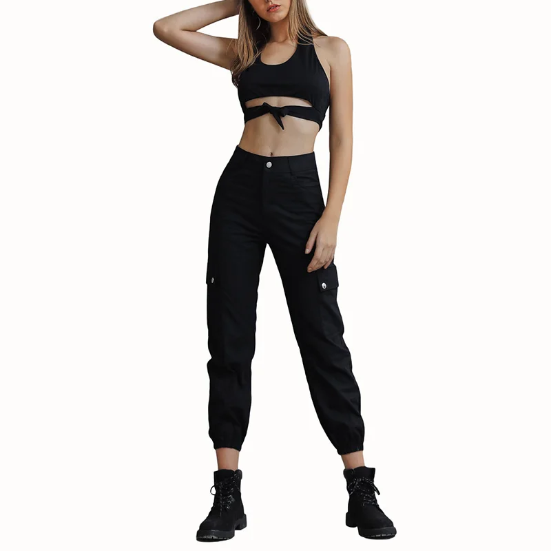 

Fashion Pants Streetwear Women 2019 Autumn Solid Black Cargo Pants Casual Female Trousers