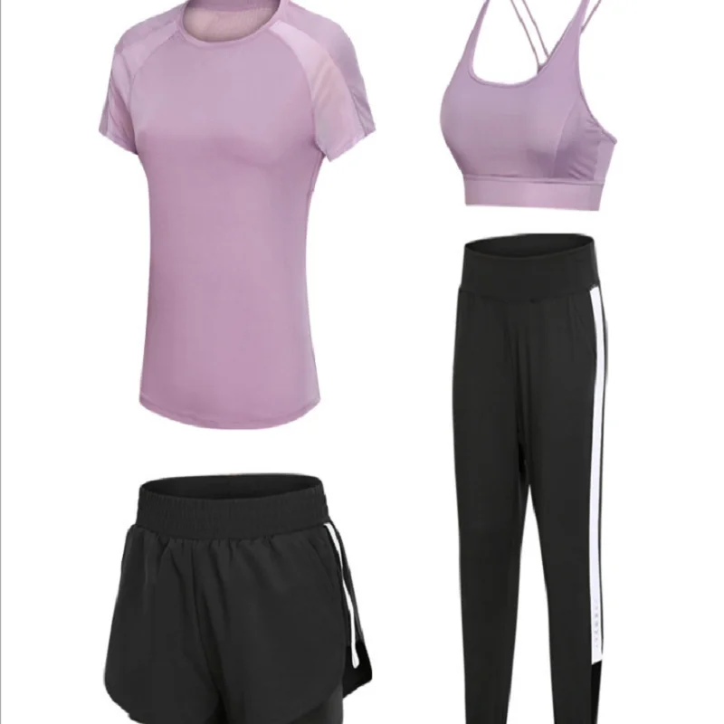 Purple-2-4pieces set Damdos женская спортивная одежда Йога набор фитнес одежда для спортзала и бега теннисная рубашка+ брюки для йоги, леггинсы для пробежки тренировки спортивный костюм - Цвет: Purple-2-4pieces set