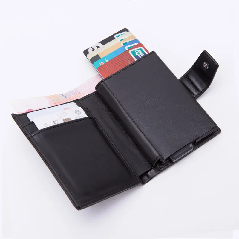 DIENQI RFID визитница Для мужчин кошельки модные Короткий Мужской кошелек мешочек с деньгами кошелёк небольшой бренд класса люкс, складываются в три раза кожаный бумажник ва - Цвет: Black