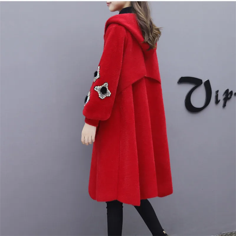 

2019 New Autumn Winter Loose Outwear Ladies Long Water Velvet Jacket Fashion Cashmere Coat Wild Female Hooded Woolen Coat XIN226