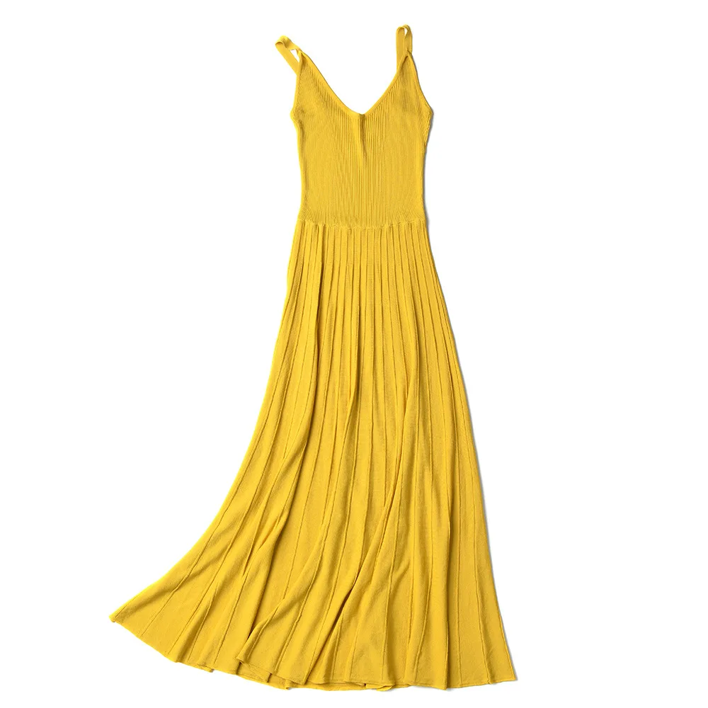 D00704 yellow Новая мода ледяного шелка Женские Плиссированные Длинные платья весна лето тонкая талия ребра вязаное платье с ремешками популярная безрукавка платье - Цвет: D00704 yellow