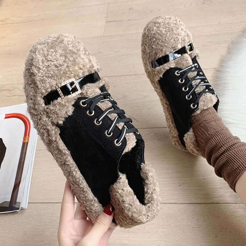 Зимняя женская обувь; теплая плюшевая женская повседневная обувь на меху; удобные дизайнерские модные кроссовки на шнуровке на плоской подошве; зимние ботинки на платформе