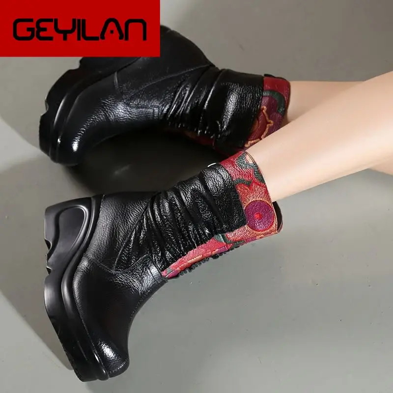 

New Arrival Fashion Women Winter Genuine Leather Boots Handmade Vintage Slip-resistant Boots Wedges Shoes Woman