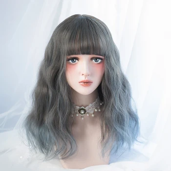 

Ailiade 18" Long Wavy Wig Synthetic Wigs With Bangs For Women Cosplay Wig Lolita Wig Ombre Grey Blue Color Heat Resistant