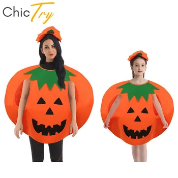 

ChicTry Adults/Kids Halloween Cosplay Party Funny Outfit Orange Pumpkin Costume Set Roleplay Fancy Dress with Beanie Hat Clothes