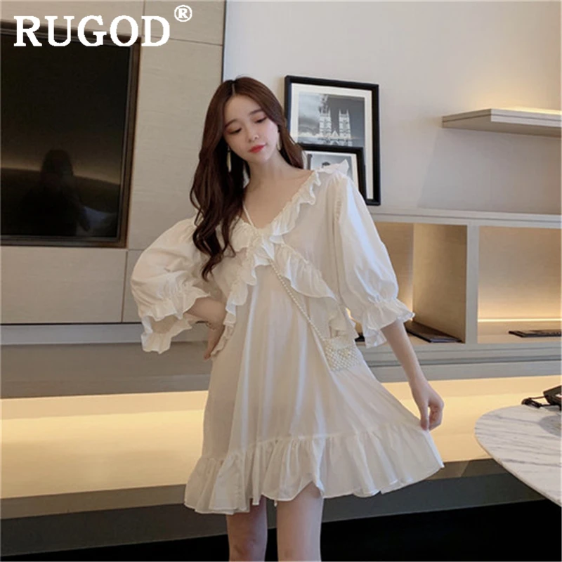 

RUGOD Ruffles women flare sleeve white dress korean elegant backless lace up ladies midi dresses vestidos 2019 ins sweet dress