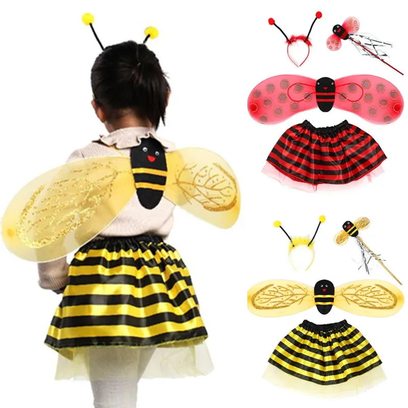 

4Pcs/Set Kid Fairy Costume Set Ladybird Bee Glitter Cute Wing Striped Layered Tutu Skirt Wand Headband Dress Up Halloween Outfit