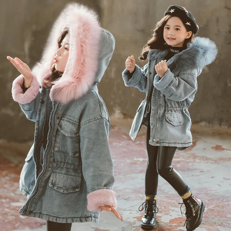 Зимние джинсовые куртки для девочек, Вельветовая верхняя одежда с капюшоном и меховым воротником для девочек, пальто Одежда для детей 6, 8, 10 лет Детские плотные пальто